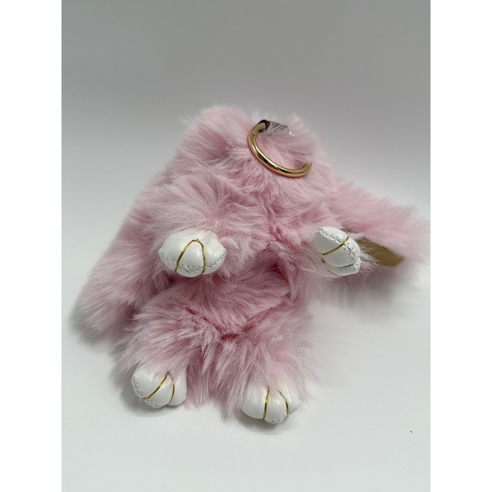 Pink Faux Fur Bunny Keychain Plush Rabbit Bag Charm Gold Ring Accessory